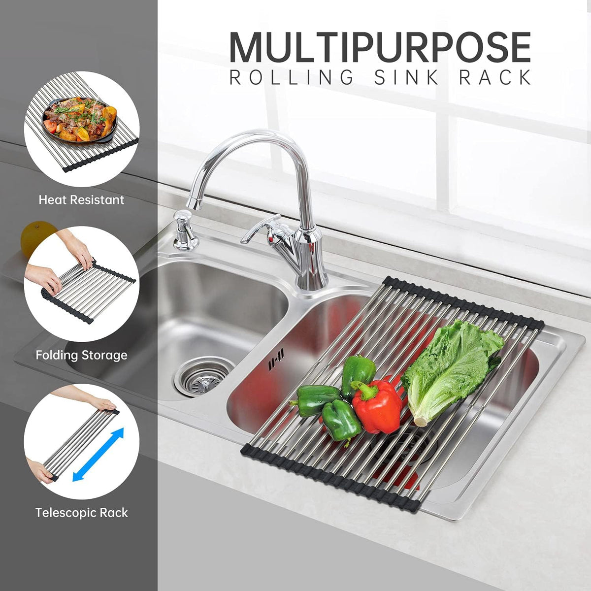 Égouttoir à Vaiselle Enroulable Pliable en Inox