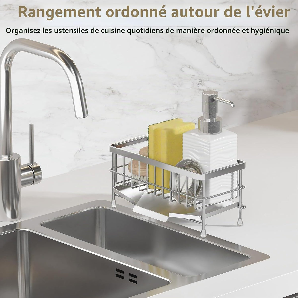 Organisateur d'Évier et Support d'Éponge en Inox avec Égouttoire