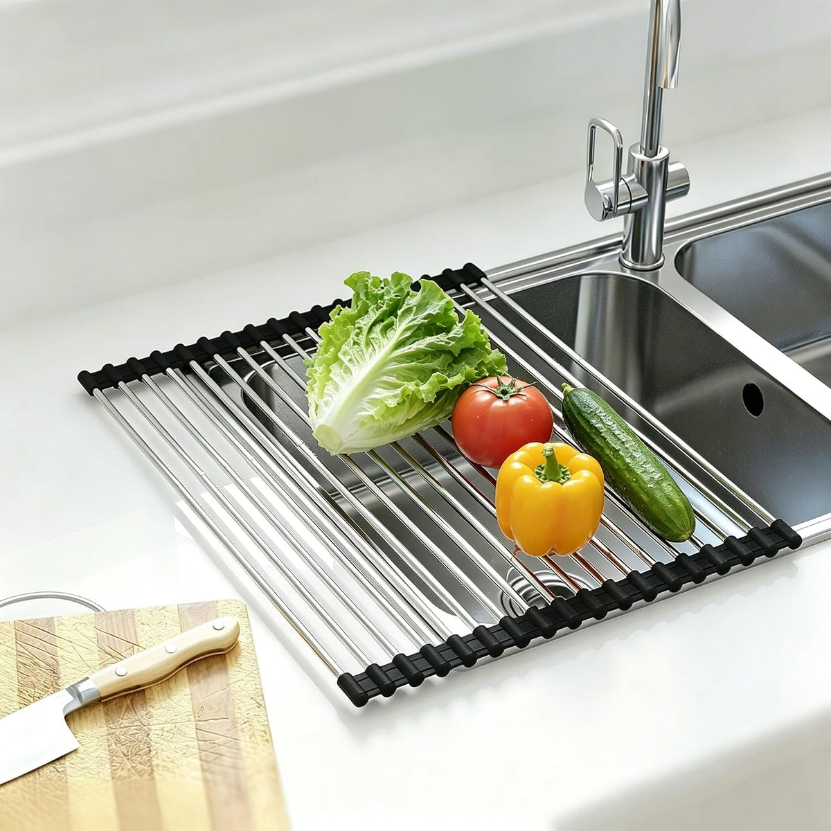 Égouttoir à Vaiselle Enroulable Pliable en Inox
